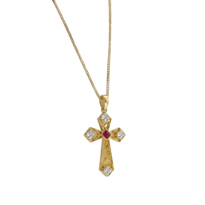 Περίτεχνος Χρυσός Σταυρός Κ14 με Λευκές Πέτρες