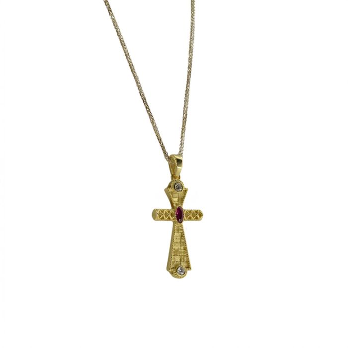 Λαμπερός Χρυσός Σταυρός Κ14 με Ημιπολύτιμες Πέτρες