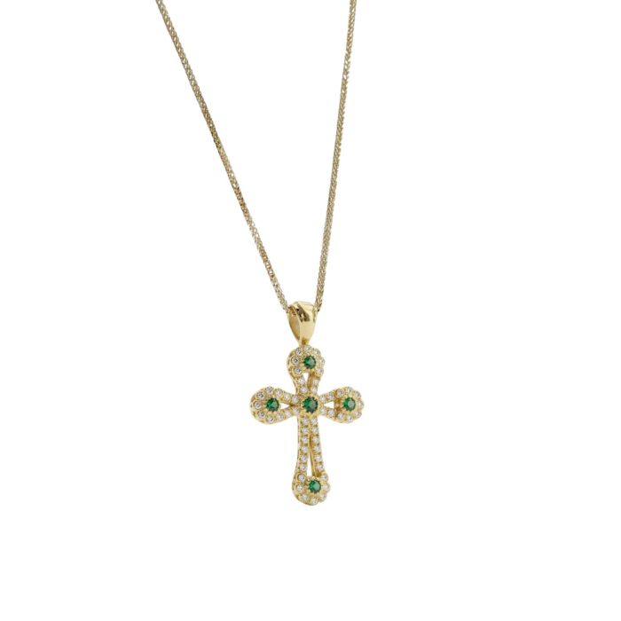 Περίτεχνος Σταυρός με Πράσινες Πέτρες & Αλυσίδα