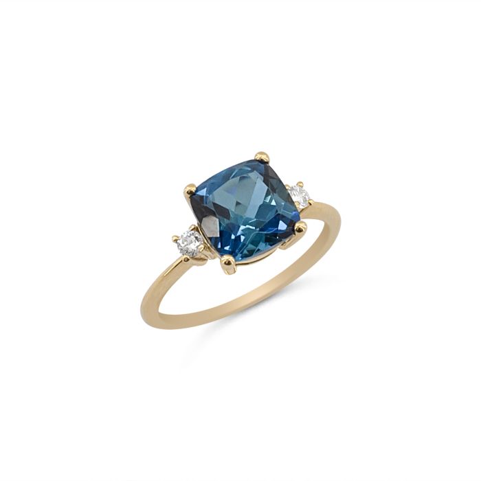 Δαχτυλίδι Κίτρινου Χρυσού 18Κ με London Blue Topaz και Φυσικά Διαμάντια