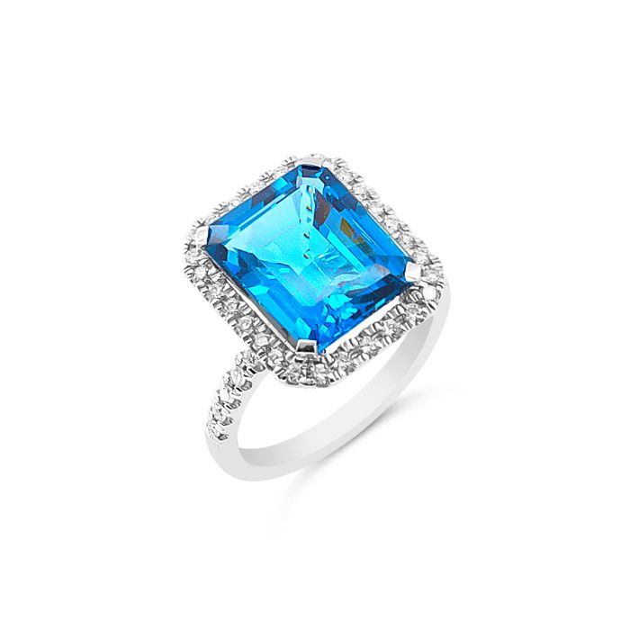 Δαχτυλίδι Κ18 με blue topaz rectangular step cut και φυσικά διαμάντια