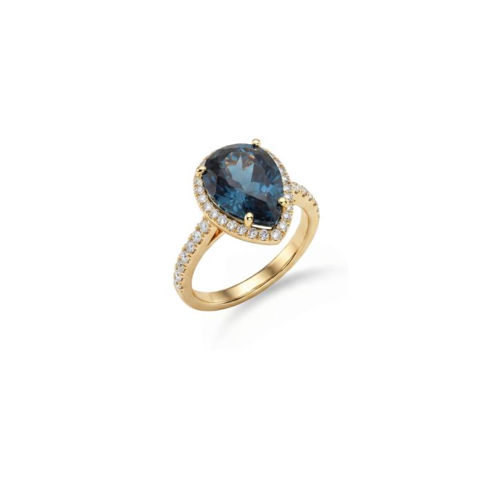 18K Gold Ring with Natural Pear-Cut London Blue Topaz and Natural Diamonds