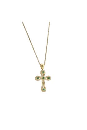 Περίτεχνος Σταυρός με Πράσινες Πέτρες & Αλυσίδα