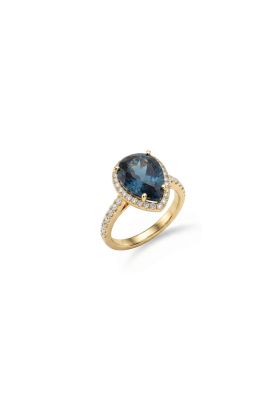 18K Gold Ring with Natural Pear-Cut London Blue Topaz and Natural Diamonds