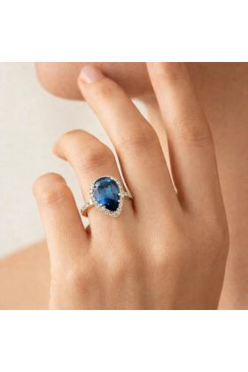 18K Gold Ring with Natural Pear-Cut London Blue Topaz and Natural Diamonds