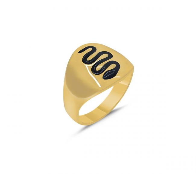 Δαχτυλίδι σεβαλιέ σε κίτρινο χρυσό 14 καρατίων, με σχέδιο 'snake with black onyx'. 