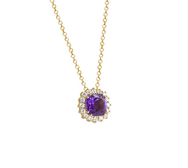 18K Gold Necklace with Amethyst and Natural Diamonds NECKLACE