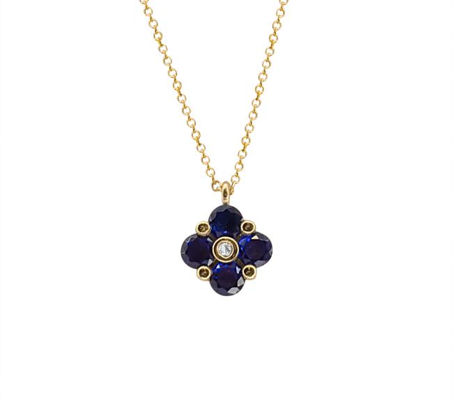 14K Gold Cross Necklace with Blue Stones NECKLACE