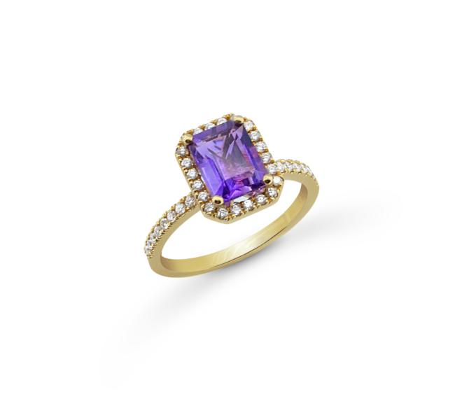K18 Gold Ring with Natural Amethyst and Diamonds RING